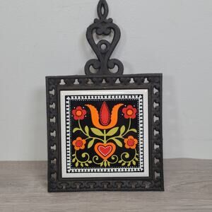 Holt Howard Japan Ceramic Tile Cast Iron Trivet 5146 Black Orange Retro